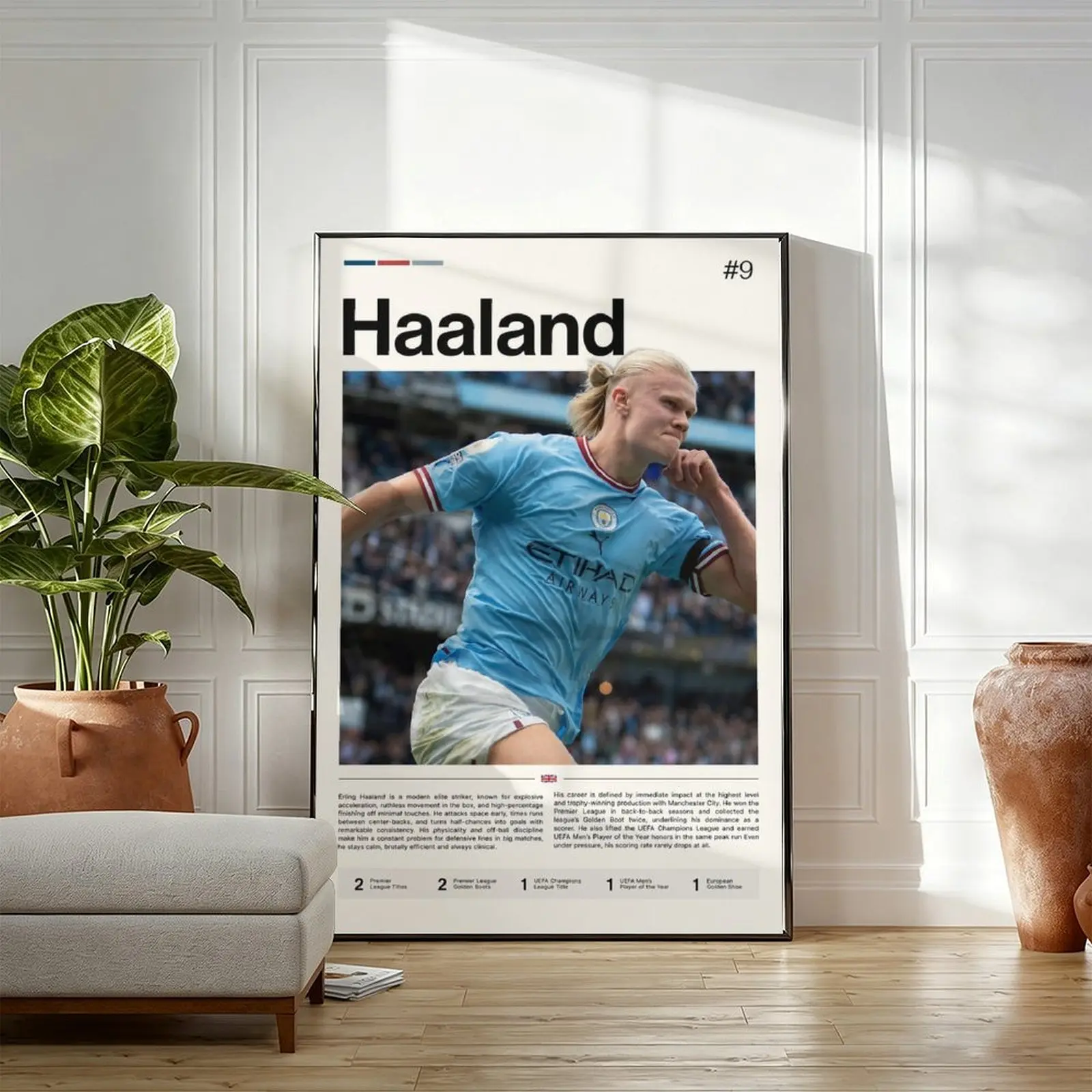 Erling Haaland #9 Manchester City Minimalist Newspaper Canvas Wall Art, Premier League Football Soccer Star Poster, Modern Sports Decor for Man Cave Bedroom Office, Framed Unframed Multiple Sizes