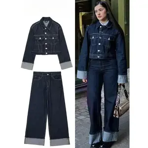 Women Vintage Denim Jacket Pant Sets Single Breasted Lapel Long Sleeve Coat Wide Leg Trousers Jeans High Street Outfits Clothes Top Womenswear Suits Gamis Streetwear Winter
