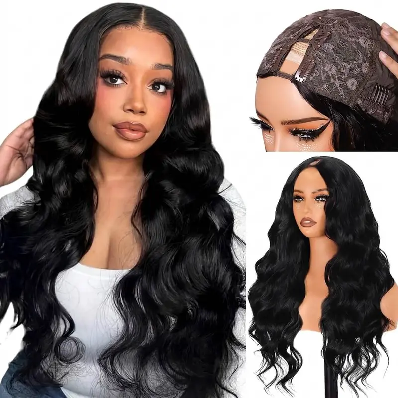 V Part Wig Human Hair Body Wave Upgrade U Part Human Hair Wig with Clips Brazilian Virgin 100% Human Hair V Part Wigs Human Hair for Black Women Glueless Beginner Friendly Body Wave Natural Black No Leave Out Drawstring 180 Density Heat Resistant