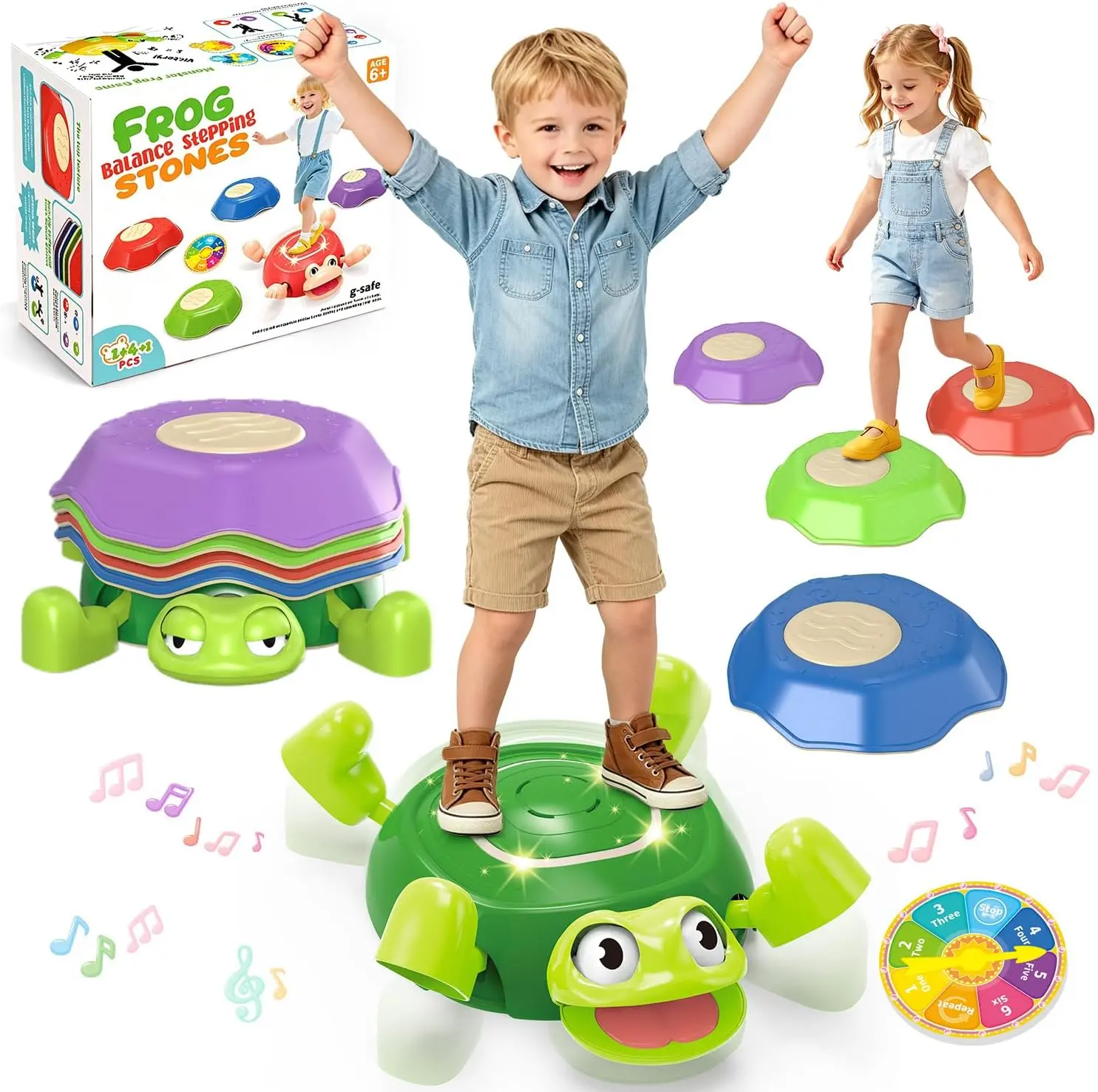 6-Pcs Non-Slip Stackable Stepping Stones Toddler Toys - PVC-Free Plastic, Unisex 3-4 Years Sensory Toy for Body Coordination, 12x8.07x3.54 Inches Turtle Spinner Indoor-Outdoor Obstacle Course, Christmas Birthday Gifts