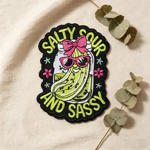 Stay Sour and Sassy Pickle Jar Embroidery Patch, Adhesive Iron-On, Suitable for Clothes, Jackets, Hats, Accessories, Flower Embroidery, Embroidered Patches