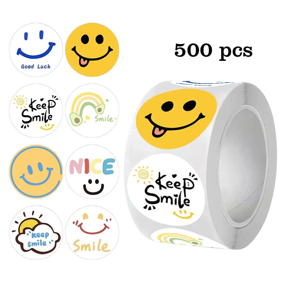 Cute Smiley Face Stickers Roll, Sticker Packs, Adhesive Decals, 500pcs Self-Adhesive PVC Waterproof Decorative Stickers, Funny Stickers for Gifts, Laptops, Bottles, DIY Crafts, Cute Scrapbooking