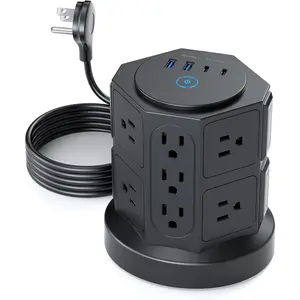 Tower Surge Protector Power Strip with USB, 14 Widely Spaced Outlets, 2 USB-C and 2 USB-A, 2100J Surge Protection, 6  Extension Cord with Multiple Outlets , Office, Dorm Essentials Black