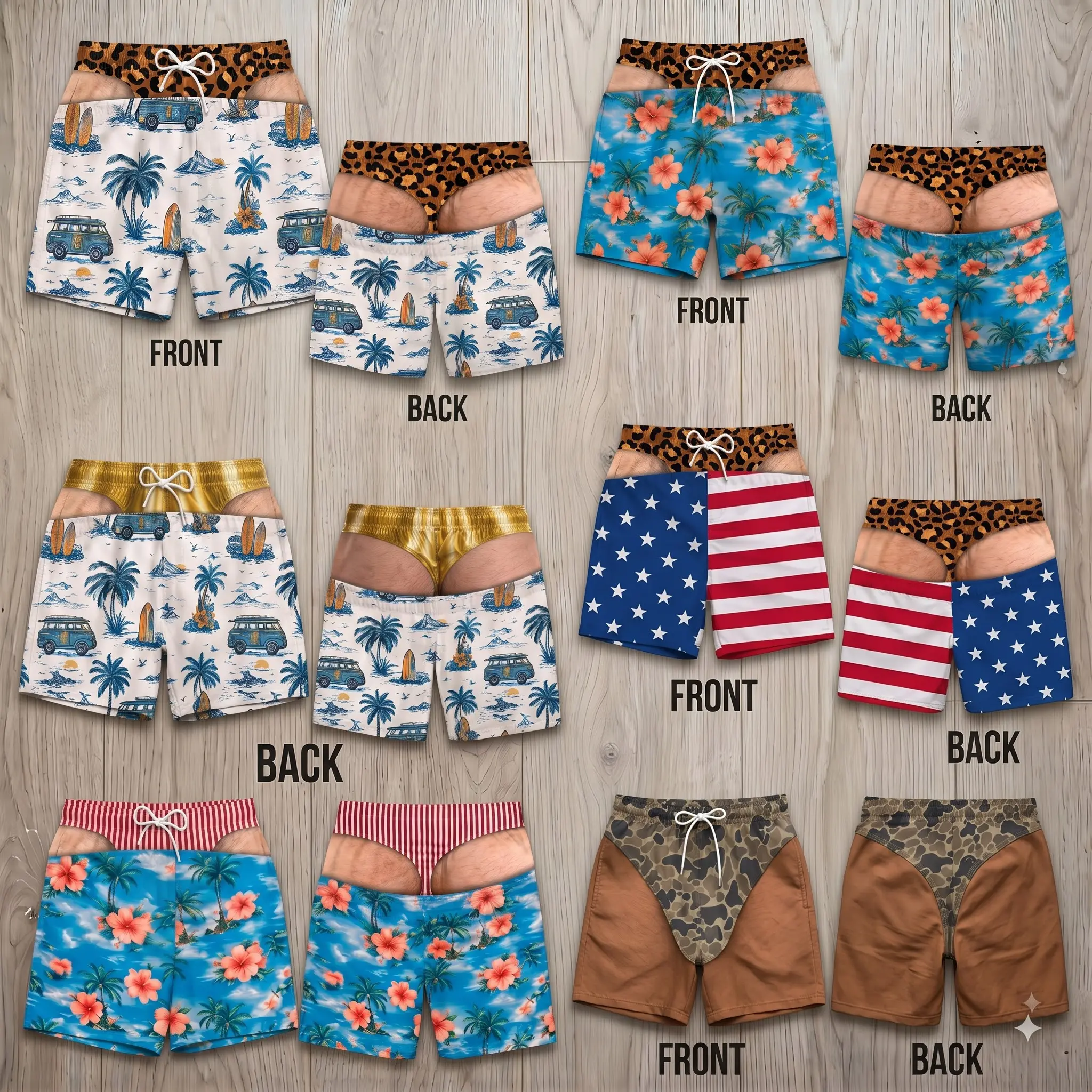 Funny Illusion Swim Shorts, Funny Fake Thong Swim Trunks for Men 3D Speedo Illusion Beach Shorts