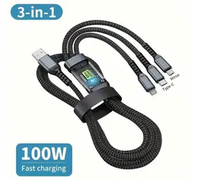 1pcs 1.2m 4ft Nylon Braided MFi Certified 100W LED 3in1 Digital Display USB Charging Cable with Type-C Micro USB IP Port for iPhone Fast Charging