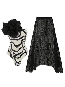 Women's Flower Decor One Shoulder One Piece Swimsuit & Skirt Set, Appliques Striped Print One Piece Swimsuit & Flared Skirt, Two Piece Outfits for Summer Beach Holiday Vacation, Swimsuit Cover Ups