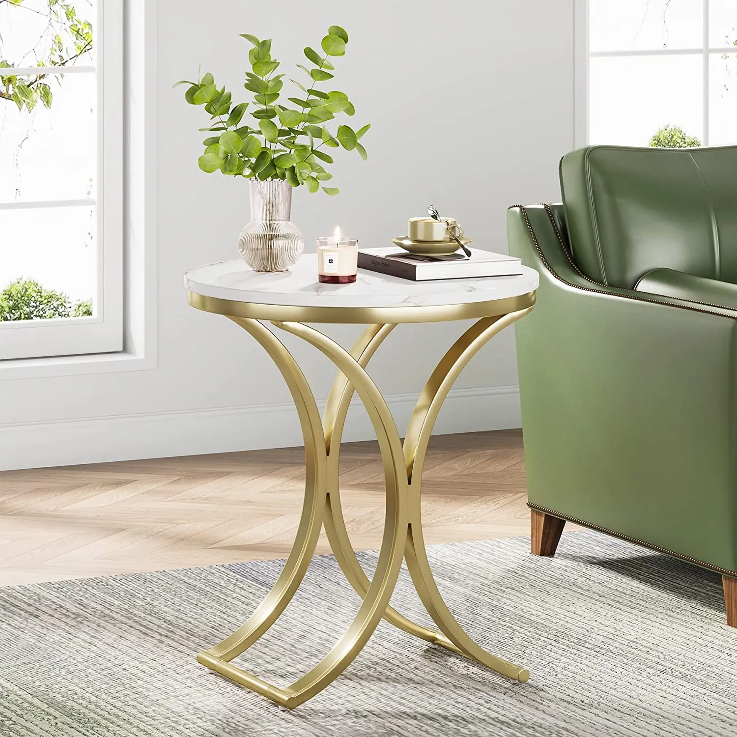 Spaco Modern Round Gold Marble Side Table - Thickened Top, Metal Frame, Small End Table for Living Room Sofa, Coffee Table, Contemporary End Table