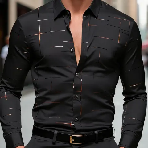 Men's Embossed Pattern Long Sleeve Shirt, Collared Shirts, Casual Button Front, Casual Fitted Collared, Casual Fitted Design, All Seasons Wear, Plain Style, No Ca Prop 65 Warning