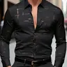Men's Embossed Pattern Long Sleeve Shirt, Collared Shirts, Casual Button Front, Casual Fitted Collared, Casual Fitted Design, All Seasons Wear, Plain Style, No Ca Prop 65 Warning