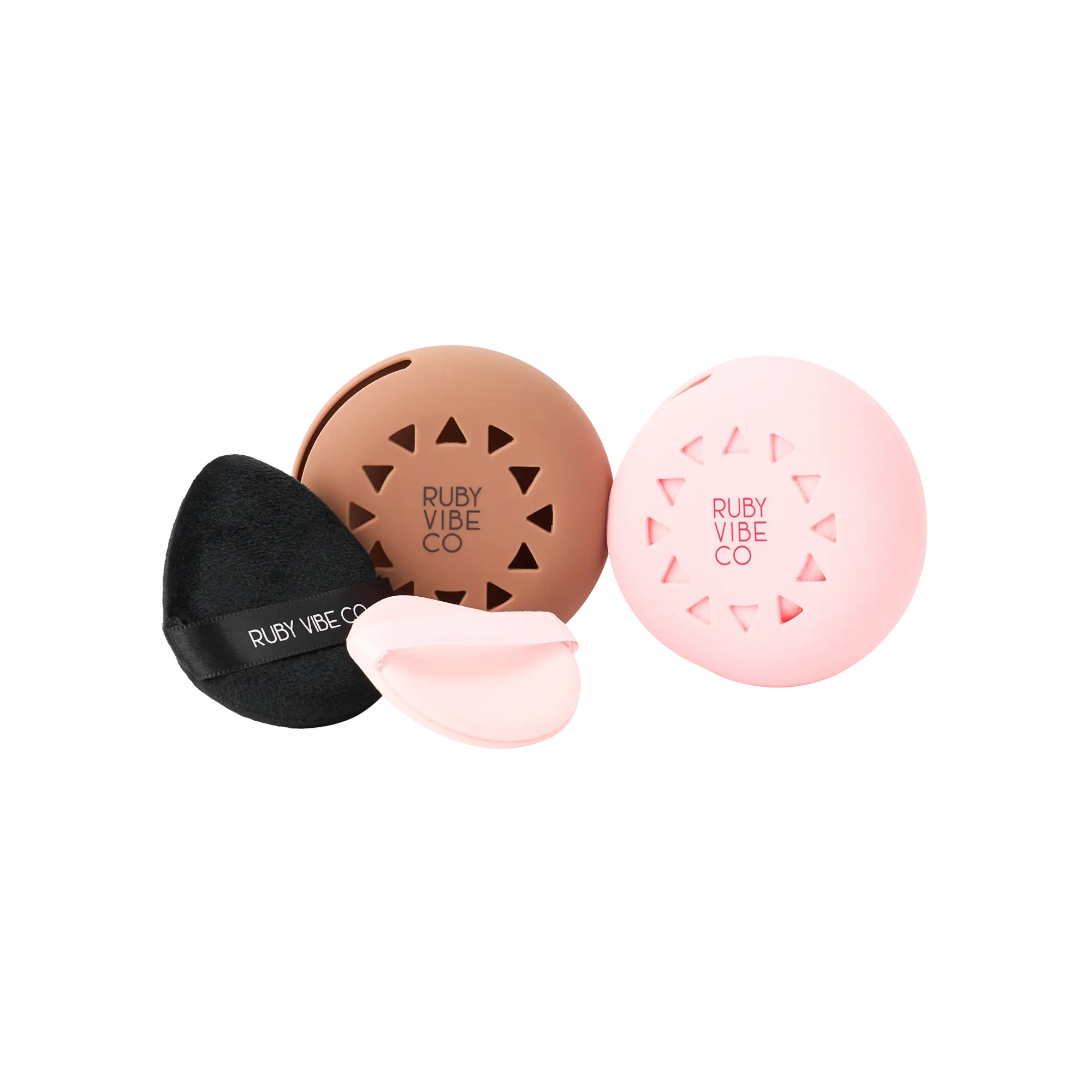 [RUBY VIBE CO] Ruby’s Duo Puffs & Case Combo - Black Triangle Powder Puff, Pink Air Puff, Brown Silicone Case for Smooth Makeup Application