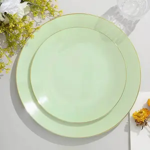 10-Pack Plastic Round Dessert Plates 8" Sage Green with Gold Rim - Glossy Disposable Appetizer Salad Plates