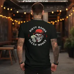 Men's 100% Cotton Casual Crew Neck T-Shirt - "Dirty Hands Clean Money" Skull Graphic, Short Sleeve, Soft and Comfortable, Ideal for All Seasons