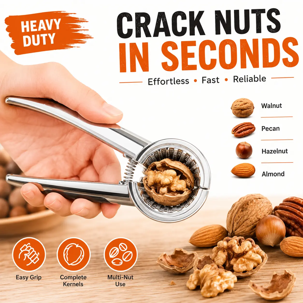 Heavy Duty Walnut Cracker Tool, Nut Cracker for Walnuts, Pecans & Hazelnuts, Easy Grip, Preserves Whole Kernels