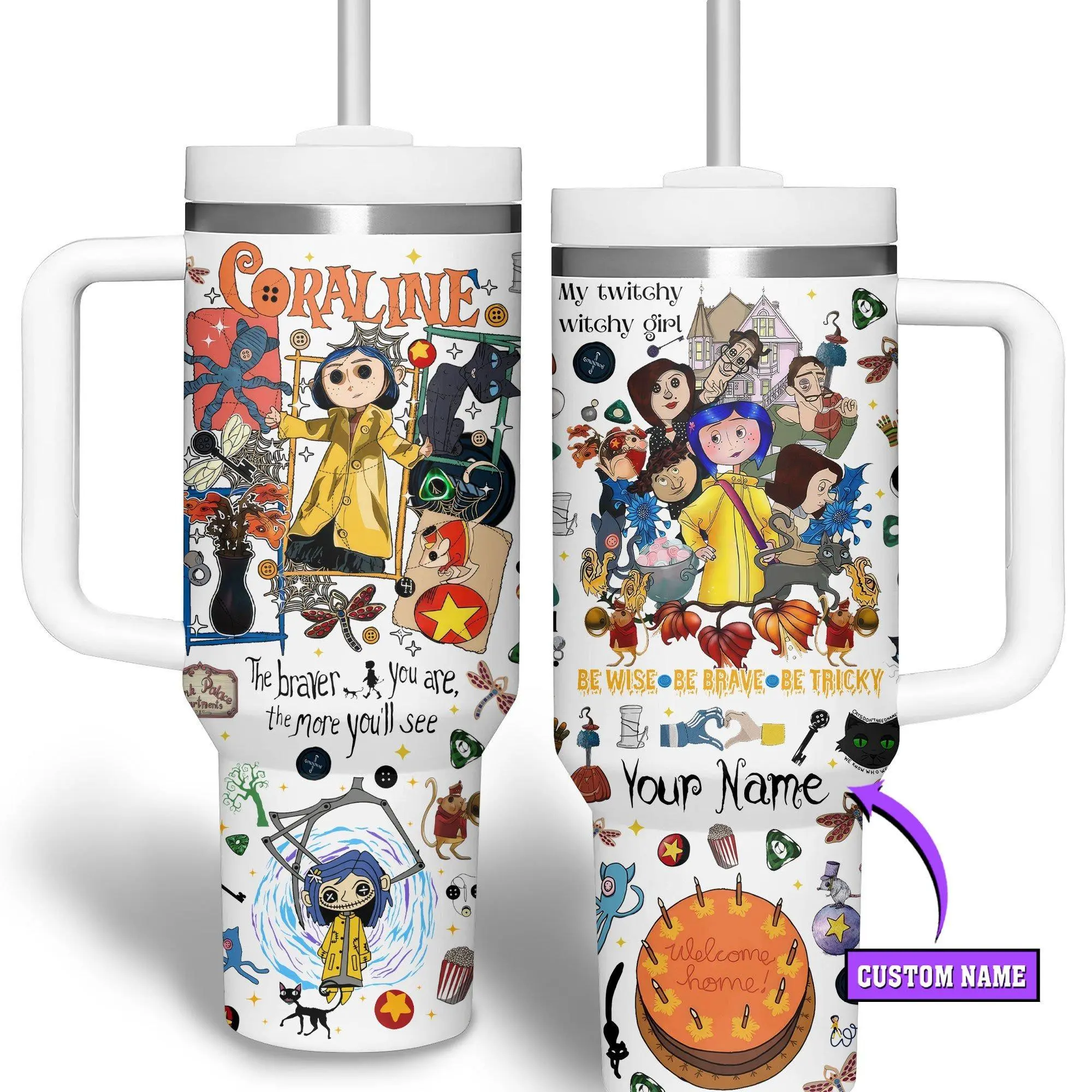 Coraline 20oz - 40oz Tumbler Stainless Steel with Straw, Double Wall Insulated, With Handle – Epic Cartoon Movies Series Design, Perfect Gift for Fans