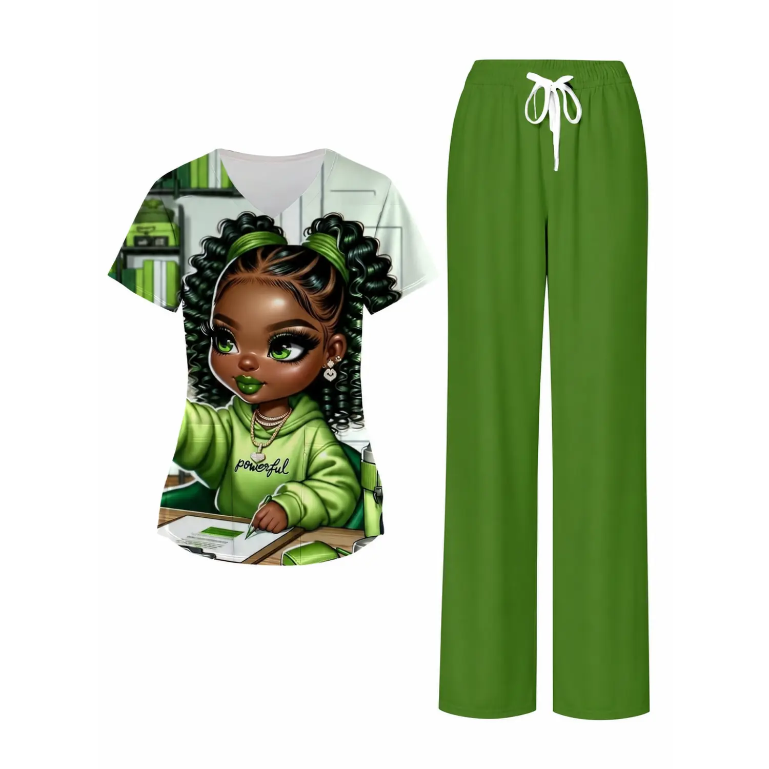 Green Nurse Uniform Scrub Set with Cute Illustrated Design, Drawstring Straight-Leg Pants | Medical Workwear for Comfort & Style Nurse Scrub Uniforms Hospital Uniforms