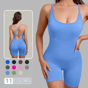 Breathable One Piece Sculpting Yoga Jumpsuit, Removable Built-in Chest Pads, Crisscross Beauty Back Design, Stretch Slim Sports Bodysuit for Yoga Fitness Daily Casual