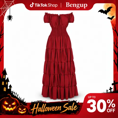 Women's Retro Renaissance Medieval Irish Smocked Waist Short-Sleeve Stretchy Soft Lady Garment - Spandex, Pleated, Flared Slip Under Dress, Everyday-Casual, Gothic Halloween Costume, Party Outfit (6531-D1) with Cute Accessories