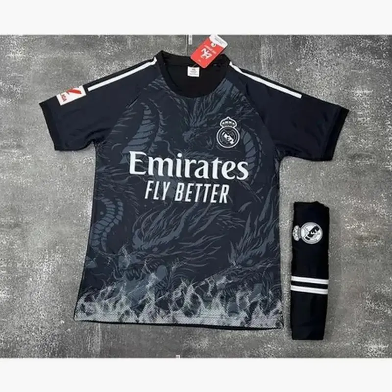 Real Madrid Style Dragon Soccer Kit 2024, Black Football Jersey and Shorts.