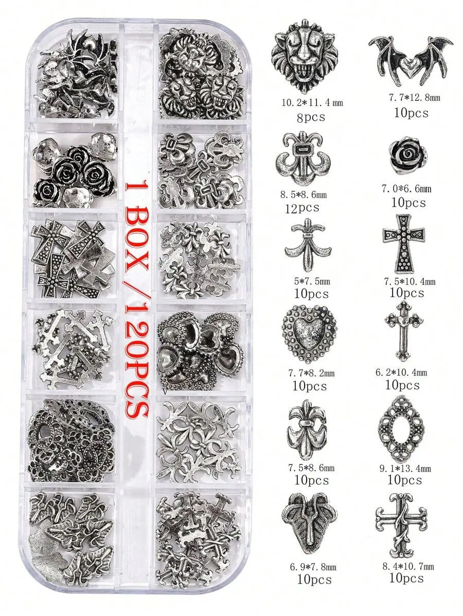VELORA x Ancient Silver 120Pcs Vintage Dark Style Nail Art Patch Y2K Metal Cross Nail Ornament Box Set Alloy Metal Texture, Punk Style Diy Nail Molding Decoration, Dark Gothic Wind Nail Rhinestone Fake Nail Decoration Accessories Nail Charms Nail Supplies