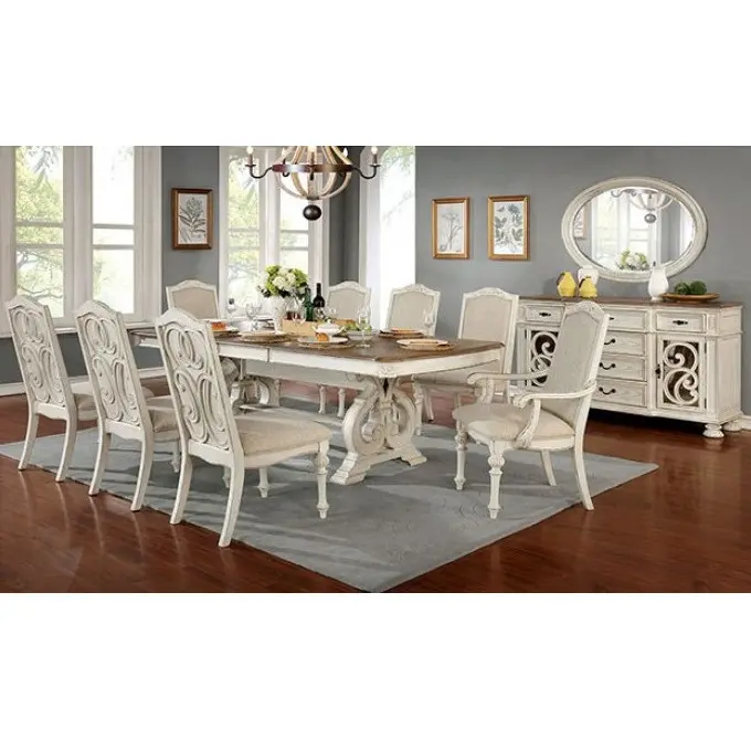 August Grove Abbottstown Arcadia Rustic Antique White Finish Wooden Trestle Base Dining Table Set - CM3150WH-T 7-Piece Set with 2 Arm Chairs & 4 Side Chairs, Rustic Charm & Wooden Construction