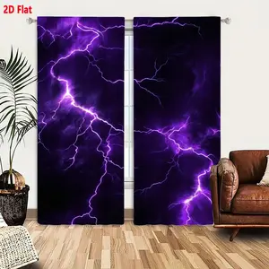 2D Flat Purple Lightning Storm Pattern Blackout Curtain 2-Piece Set, Home Decoration Curtain, Stormy Sky Themed Decorative Window Drapes with Intricate Web-Like Lightning Branches, Dark Background High Contrast Living Room Bedroom Curtains