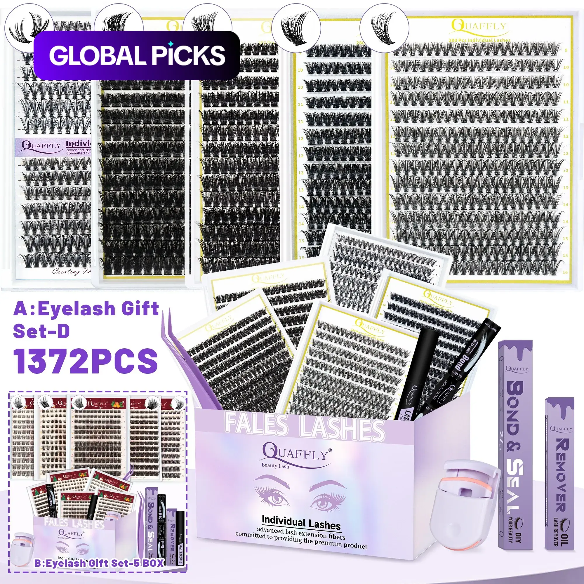 Mixed-Length DIY Lash Clusters Kit, Eyelash Extensions Set, Individual Cluster Lash, Natural-Look False Eyelash Extensions with Bond & Seal, Remover, Tweezers & Eyelash Curler #GLOBAL PICKS