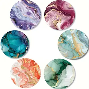 6pcs Vivid Marble Art Wooden Coasters with a Colorful Summer Aesthetic Design Featuring Swirls in Blue, Green, Pink, and Golden. Suitable for Home, Patio, Kitchen, Living Room, and Café Decor Tableware