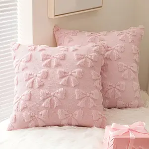 Bowknot-Design Cushion Covers without Filler, 2 Cute Plush Soft Throw Pillow Covers for Home Sofa & Bed, Home Textile, Room Cozy Accessories