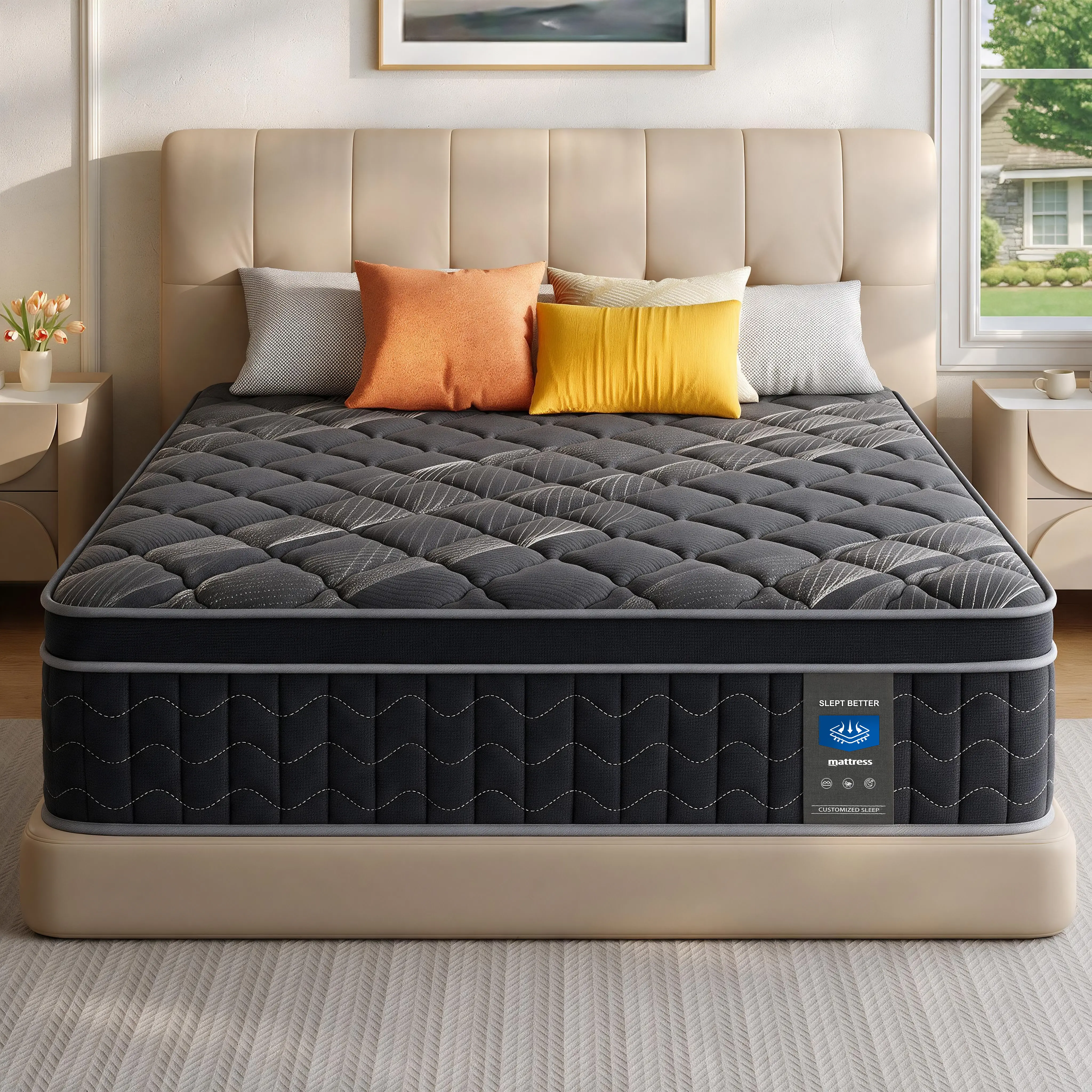 MRH Queen 12-14 inch Knitted Hybrid Mattress, Pocket Spring with Memory Foam, Compressed Vacuum Roll-in-a-Box for Bedroom Indoor Furniture