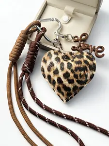 Vintage Classic Leopard Print Heart Pendant, Leopard Print Keychain, Paired With A Woven Lanyard, 3D 'Love' Letters, Can Be Hung On Bags, Phones, Or Keys, Serving Both Decorative And Anti-Lost Functions, Suitable For Daily Use