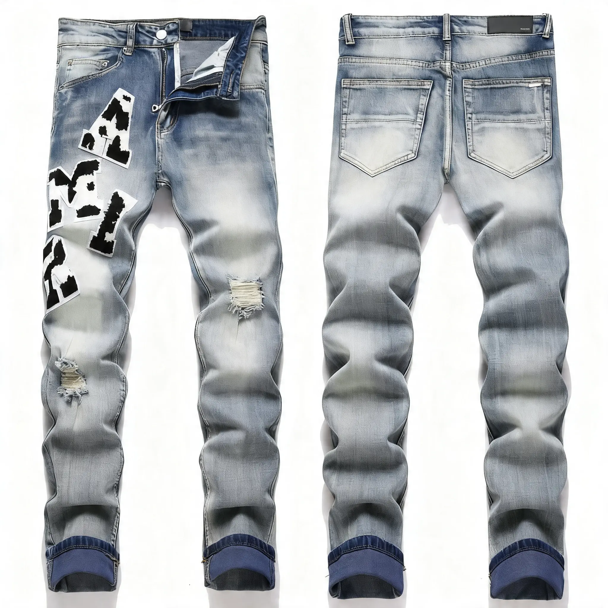 Men's Blue Ripped Badge Embroidery Stretch Skinny Jeans Bottom, Cross-Border High Street Youth Style, Trendy Casual Export Shorts classic design everyday essential versatile comfort wear wardrobe staple piece relaxed