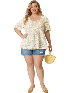 Agnes Orinda Plus Size Sweetheart Neck Floral Peplum Top