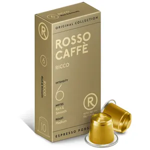 Rosso Caffè Ricco Coffee Bean Capsules - 10 Premium Blend Espresso Pods, Rich Smooth Flavor, Medium Roast, US Origin
