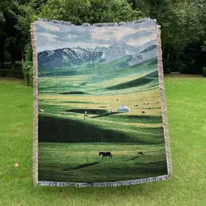 Mountains and grasslands Pattern Design Bohemian Bed Blanket - Yarn Thick Breathable with Tassels for Home Decor Sheet Living Shawl Tapestry Yoga Couch Sofa Chair Tablecloth Garden Office Travel Outdoor Camping Picnic Not Printed No Faded No Pilling