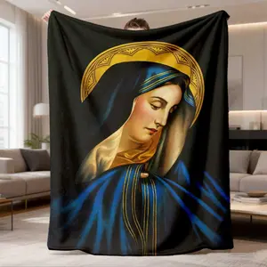2026 New Arrival Flannel Blanket Black Virgin Mary Print Flannel Throw Blanket Soft, Warm, AllSeason Cover For Sofa, Bed, Or Camping, Religious Iconography Design With Golden Halo And Blue Robes, Cozy Polyester Fabric