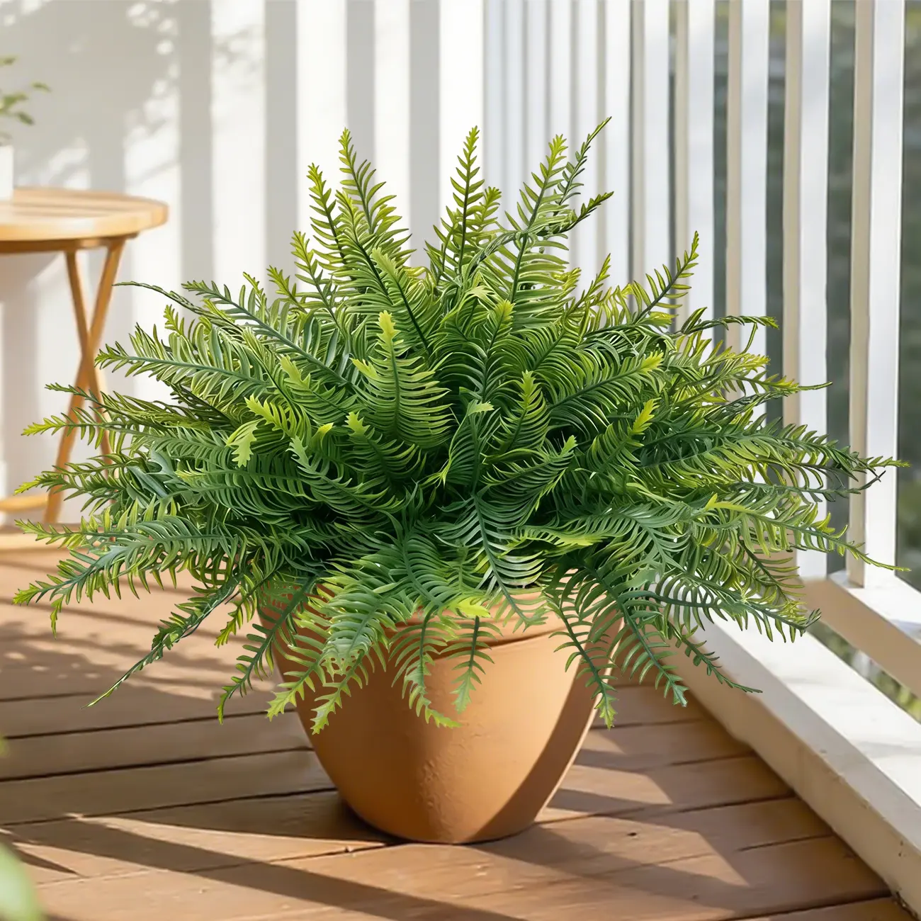 12/16Pcs UV Resistant Artificial Fern Stems, Rainproof Colorfast Faux Fern Bushes, Low Maintenance Fake Greenery for Front Porch Hanging Baskets, White Fence, Backyard Farmhouse Outdoor Decor