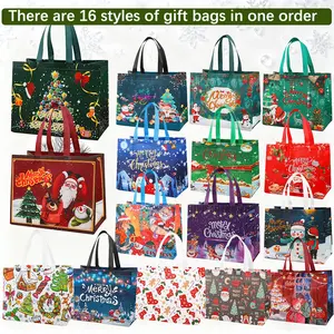 16-Piece/32-Piece Christmas Gift reusable Bags Set Durable Non-woven Fabric with 16 Unique assort Patterns Ideal for Festive Gifting and Versatile Holiday Use tote water-resistant market trip heavy-duty storage tote foldable shopping