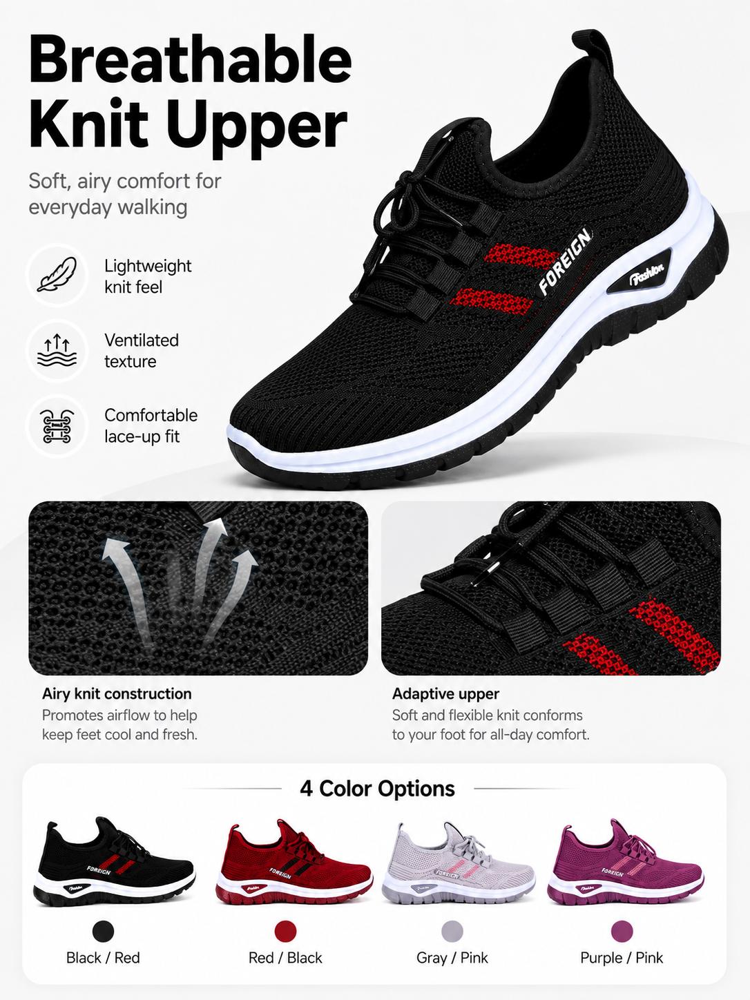 Women’s Breathable Knit Athletic Sneakers - PU Upper, Lightweight Lace-Up Shoes with Flexible Sole for Walking, Workout Use Women’s Breathable Knit Athletic Sneakers - PU Upper, Lightweight Lace-Up Shoes with Flexible Sole for Walking, Workout Use