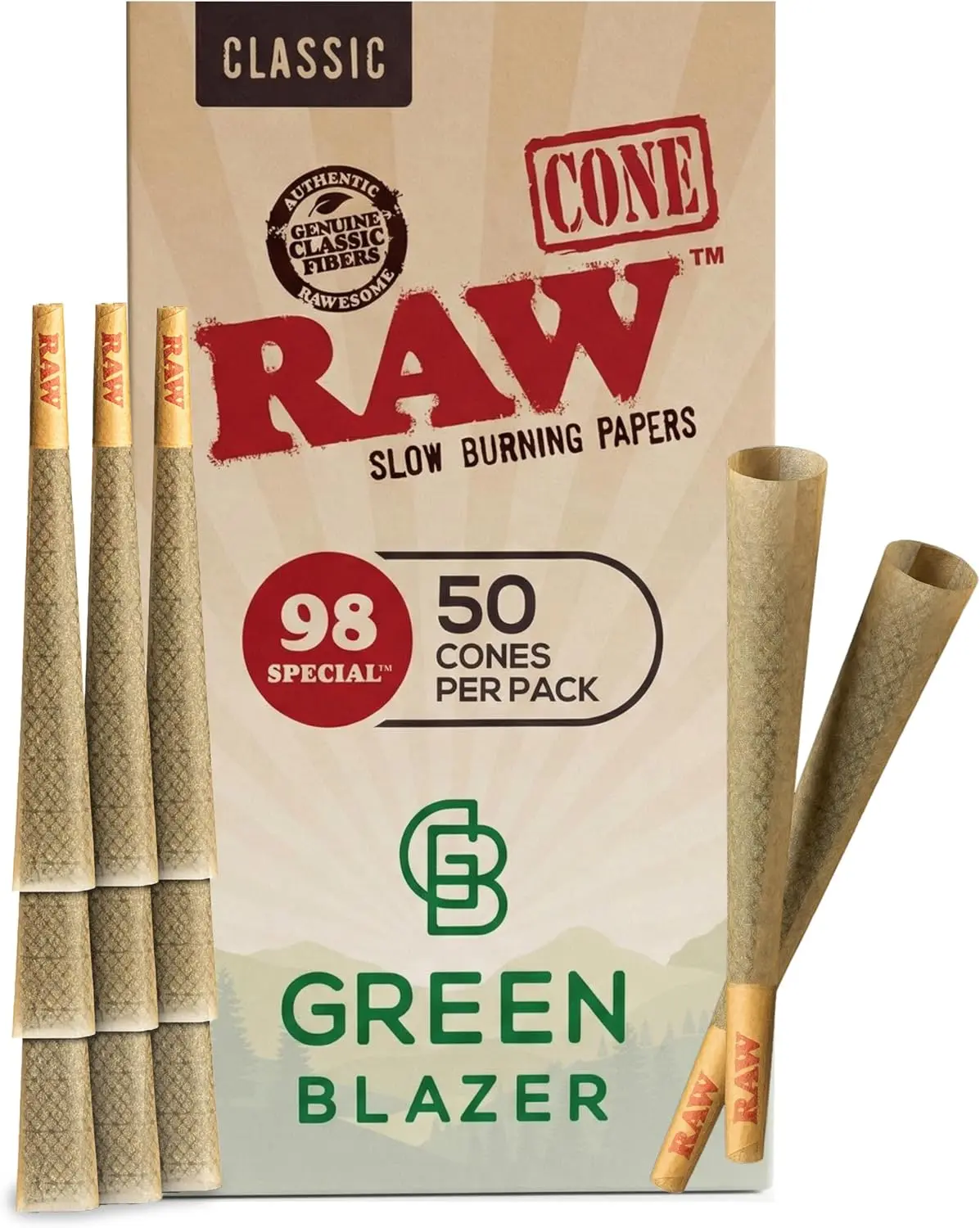 RAW Cones 98 Special: 50 Pack Patented Slow Burning Pre Rolled Cones Rolling Papers & Tips – All Natural Classic Rawthentic Paper, 98mm
