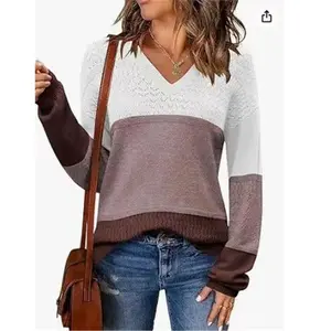 Women’s 2025 Fall Casual Long-Sleeve Ribbed Knit V-Neck Lightweight Crochet Pullover Sweater Top
