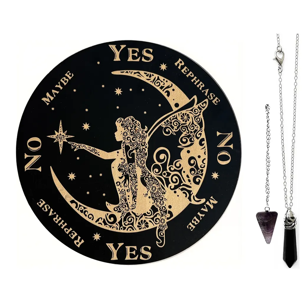 Wooden Fairy Moon Pendulum Board Set - Hangable Fengshui Artwork Ornaments with Crystal Dowsing, 9.8in Divination Home Decor