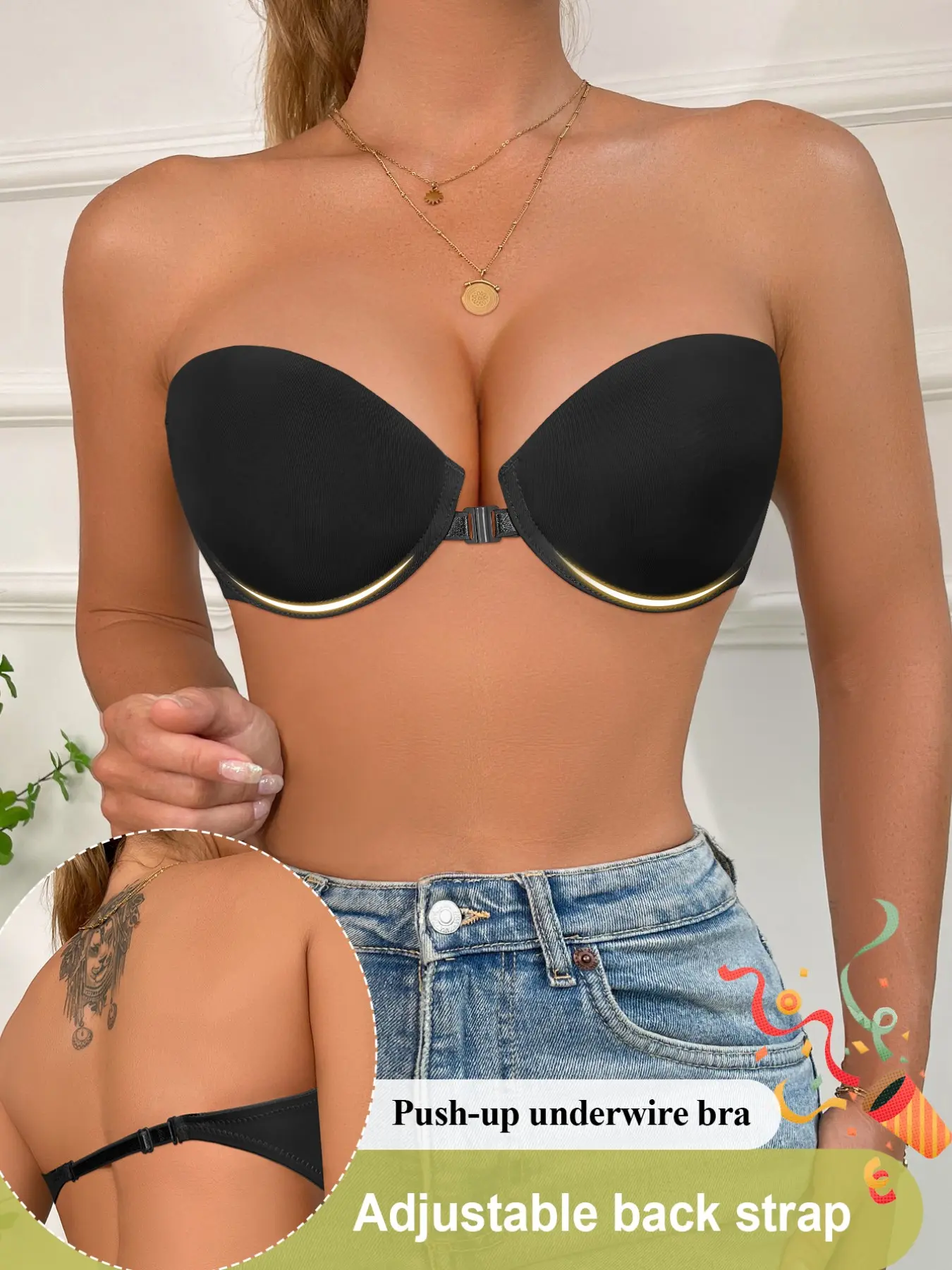 Women’s Front Closure Strapless Push-Up Bra Deep V Invisible Breathable Balconette Underwire Lift  Non‑slip Adjustable Multiway Detachable Removable Straps, Elegant Evening Dresses Off-Shoulder Backless Underwear