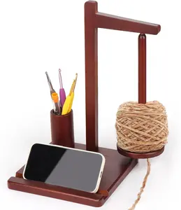 Crochet Yarn Holder, Walnut Color Wooden Yarn Spool Rack for Crocheting and Knitting with Phone Stand and Crochet Hook Storage, Yarn Ball Holder Spinner for Crochet Lovers