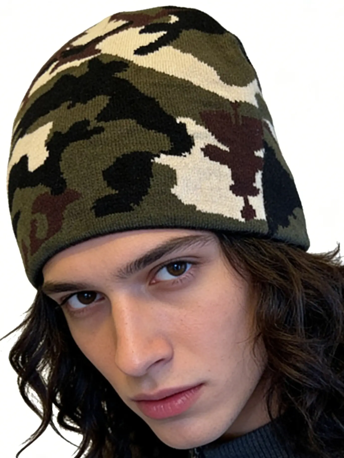 Military Enthusiast Essential! Warm and Stylish Camo Knit Beanie Hat, Classic Three-Color Jacquard, Soft and Skin-Friendly, Perfect for Workwear and Hoodies, Camouflage Beanie Hat