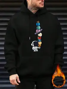 Men's Hooded Sweatshirt Fall & Winter Long Sleeve, Nasa Astronaut Cartoon Pattern, Casual Commuter Wear, Fleece Lined Warm Jacket