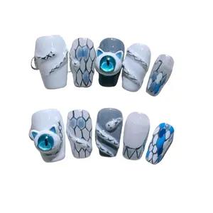 Y82 Handmade wearing nail blue little monster wrapped snake pattern nail patch nails almond press christmas wreath nail  glue