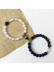 Handmade Magnetic Couple Bracelet, Opal Matte Black Agate Beaded Matching Couple Bracelet, Adjustable Elastic Long-Distance Relationship Bracelet, Love-Bonded Jewelry Gift, Exquisite Bracelet