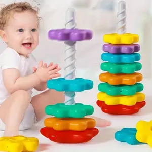 Baby Rainbow Rotating Stacking Music Collar/0-3 Year Old Rotating Tower Toy/Puzzle Color Number Size Cognitive Toy/Parent Child Interactive Toy/Hand Eye Coordination Exercise/Christmas