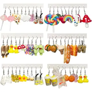 SQ-EA051 30 Pairs Weird Cute Funny Earrings Gummy Bear Duck (Clip On) Drop Dangle Earrings for Women Aesthetic Earrings Food Animal Earrings Set