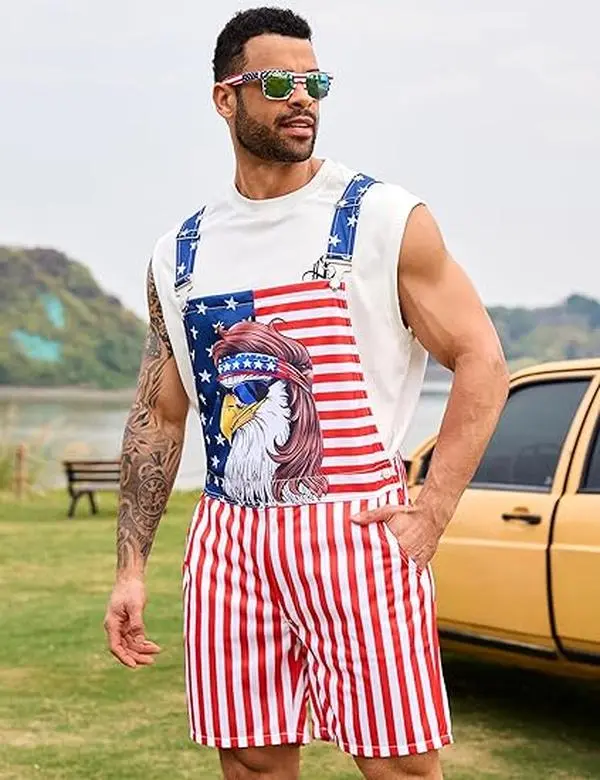 OeyFnbmO USA 250th Independence Day Coveralls 4th of July American Flag Bib Overalls Shorts Summer Casual Adjustable Memorial Day Romper Fashion Men's Clothing Patriotic Apparel Holiday Party Menswear Green Lucky Costumes